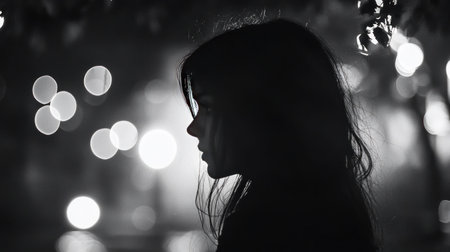 A black and white image of a woman in silhouette, with bokeh lights creating a soft background.の素材