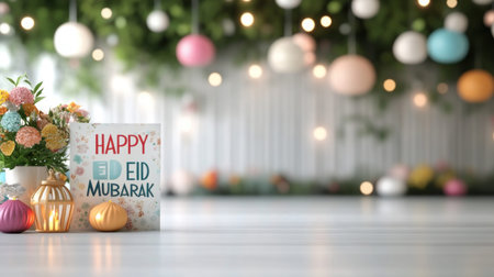 A festive Eid Mubarak scene featuring decorations, flowers, and a celebratory message.の素材