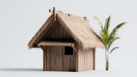 A miniature wooden hut with a thatched roof and a small palm tree against a clean white backdrop.の素材
