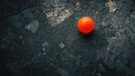 A single, bright orange sphere rests on a rough, dark, textured surface, creating a striking contrast.の素材