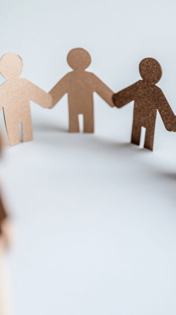 A close-up shot of paper cutout figures holding hands, symbolizing unity, diversity, and community.の素材