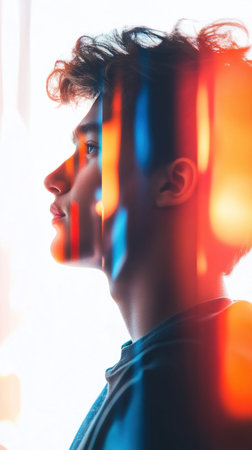 A side profile of a man with curly hair, illuminated by vibrant light reflections of blue, orange, and red.の素材