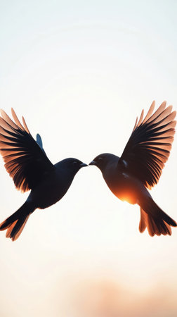 Two birds in silhouette kissing against a bright sky, with the sun in the background.の素材