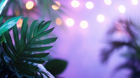 A close-up shot of green plant leaves with bokeh lights in the background, creating a vibrant and colorful scene.の素材