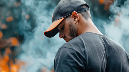 A man wearing a cap looking down with smoke in the background.の素材