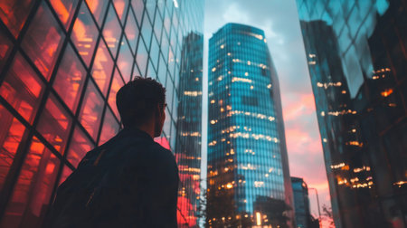 A silhouette of a man gazing at towering skyscrapers in a vibrant cityscape during twilight. The image captures the essence of urban life and architectural marvels.の素材