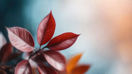 A stunning close-up of vibrant red leaves, showcasing the beauty of nature during the autumn season. The image captures the intricate details and rich colors of the foliage.の素材