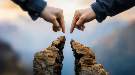 Two hands pointing at rocks, symbolizing connection, unity, and collaboration. A visual representation of teamwork and partnership.の素材