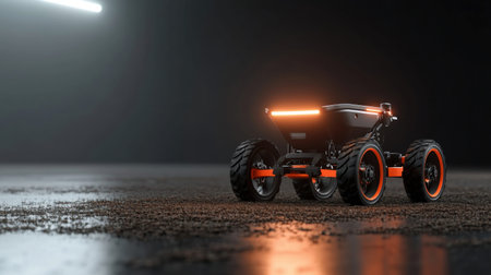 A detailed 3D rendering of a futuristic all-terrain vehicle with glowing orange lights, set against a dark, reflective surface.の素材