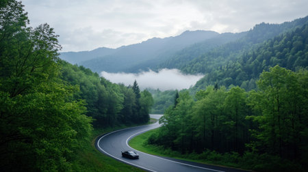 A scenic view of a winding road cutting through a dense forest, with mountains in the background and a cloudy sky.の素材