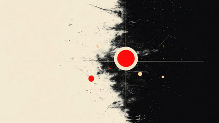 An abstract composition featuring a red circle against a backdrop of contrasting black and white elements.の素材