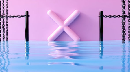 An artistic image featuring a pink X symbol in water with chains and poles, creating a unique visual composition.の素材