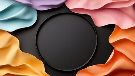 A top-down view of a black plate surrounded by colorful fabrics, creating a visually appealing and artistic arrangement.の素材