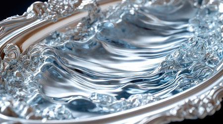 A close-up shot of a silver tray with a unique wave-like design. The tray has decorative edges, creating an elegant and artistic feel.の素材