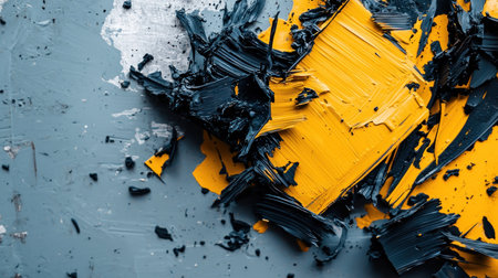 Close-up shot of a textured surface with yellow and black paint chips, creating an abstract design.の素材