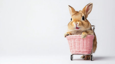 A cute bunny rabbit sits in a pink shopping cart, looking at the camera.の素材