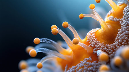 Detailed macro shot of a colorful sea anemone, showcasing its intricate tentacles and textures in a natural underwater setting.の素材