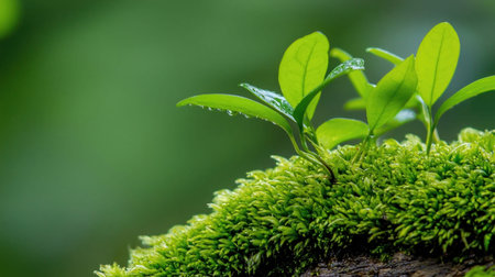 A detailed shot of lush green moss with small plants growing on top, showcasing the beauty of nature.の素材