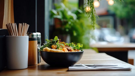 A close-up shot of a healthy salad bowl on a wooden table in a restaurant, with a blurred background.の素材