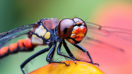 A close-up shot of a dragonfly perched on a yellow surface, showcasing its intricate details and vibrant colors.の素材