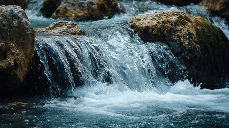 A close-up shot of water flowing over rocks, creating a small waterfall. The water is clear and the rocks are various shades of brown and gray.の素材
