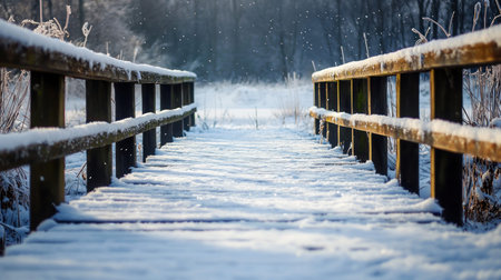 A beautiful winter landscape featuring a snow-covered wooden bridge leading into a misty forest.の素材