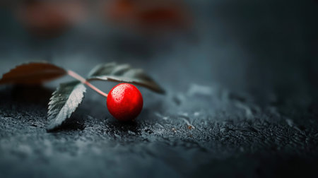 A close-up shot of a single, bright red berry resting on a dark, textured surface, with a few leaves.の素材