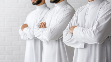 Three men in traditional white attire, possibly Arab, standing with arms crossed, against a white brick wall.の素材