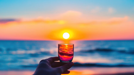 A hand holding a glass with a sunset background over the ocean. The sun is setting over the horizon, creating a beautiful and colorful sky.の素材