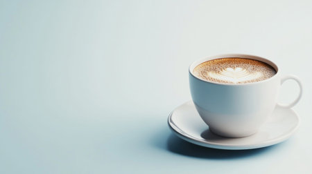 A pristine white coffee cup with a delicate saucer, filled with a creamy beverage, set against a soft, neutral background.の素材