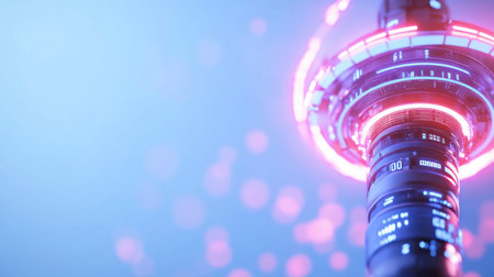 A close-up shot of a futuristic technological structure with glowing lights and an intricate design, set against a blue background.の素材