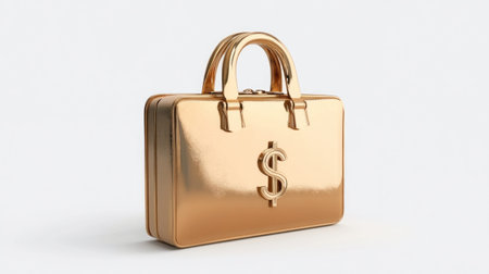 A shiny golden briefcase with a dollar sign, representing wealth, finance, and success.の素材
