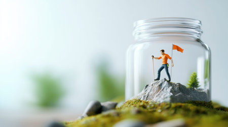 A miniature figure of a man with a flag inside a glass jar, representing a concept of achievement and overcoming obstacles.の素材