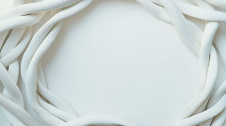 Close-up shot of white cables forming a circle on a white surface, creating a minimalist and abstract design.の素材