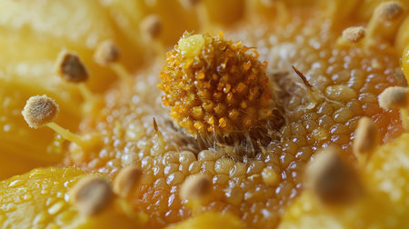 A macro shot of a yellow flowers core, highlighting its complex structure and the tiny droplets.の素材