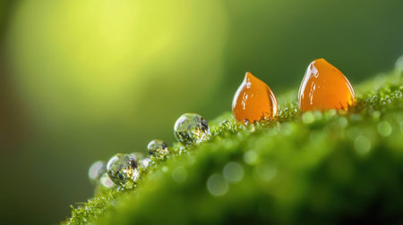A macro photograph showcasing water droplets and orange fungi on a vibrant green moss, highlighting natures intricate details.の素材