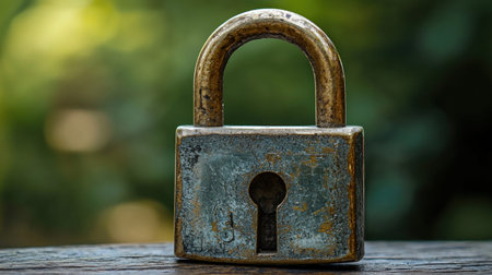 A detailed shot of an old, rusty padlock, symbolizing security and protection, placed on a wooden table with a blurred green background.の素材