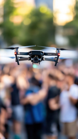A drone hovers above a crowd, capturing an aerial perspective of the bustling city scene.の素材