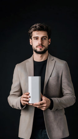 A man in a blazer is holding a white object against a black background. He is looking at the camera.の素材
