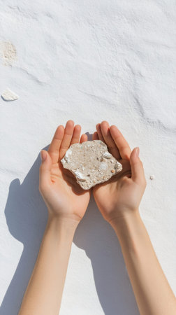 A close-up shot of hands holding a rock against a white background.の素材