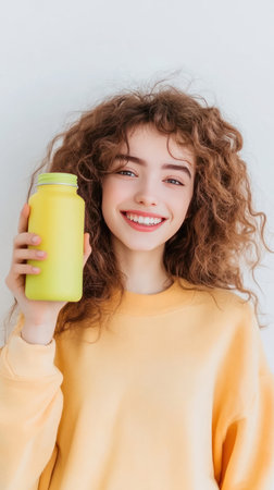 A cheerful woman with curly hair smiles while holding a yellow bottle, showcasing a lifestyle image.の素材