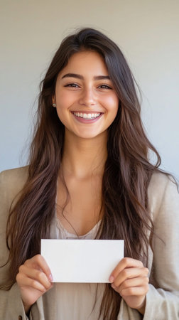 A beautiful woman with long brown hair smiles while holding a blank white card, perfect for adding your own text or design.の素材