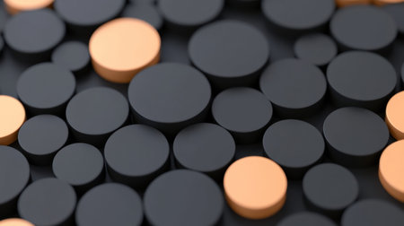 Close-up of a collection of black and orange circular objects arranged on a surface.の素材