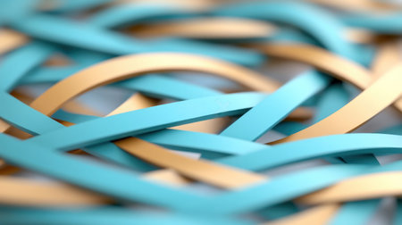 A macro shot of interwoven blue and tan rubber bands, creating a textured pattern.の素材