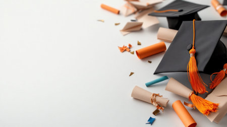 A top-down view of graduation caps, rolled diplomas, and tassels scattered on a white surface, symbolizing academic achievement and celebration.の素材