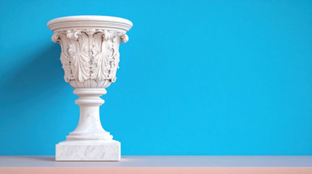 A detailed shot of a white urn statue with intricate carvings, set against a vibrant blue backdrop.の素材