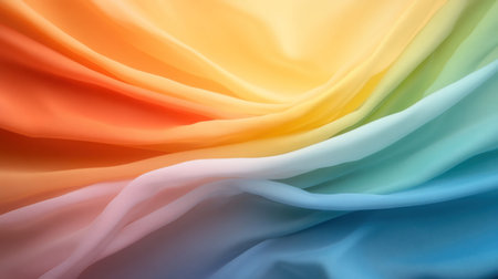 A close-up shot of a flowing fabric in a gradient of rainbow colors, creating a visually appealing and artistic texture.の素材
