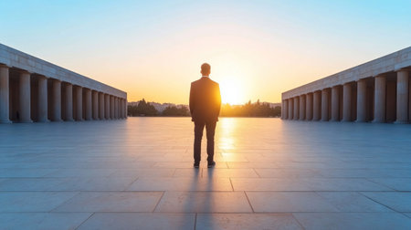 A man stands facing the sunset between two buildings.の素材
