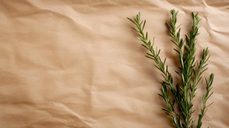 Close-up of fresh rosemary sprigs against a textured brown paper background, perfect for culinary or natural themes.の素材