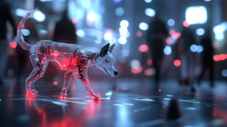 A transparent robotic dog with glowing red internals walks through a futuristic cityscape.の素材